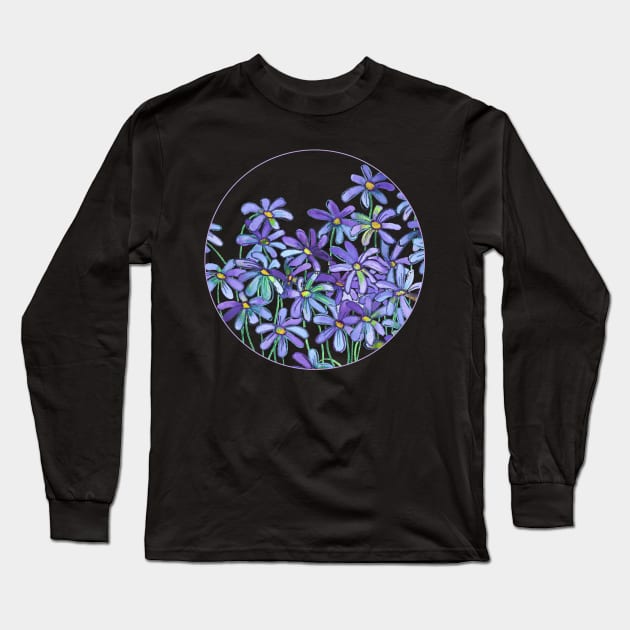 Purple Daisies in Watercolor & Colored Pencil Long Sleeve T-Shirt by micklyn